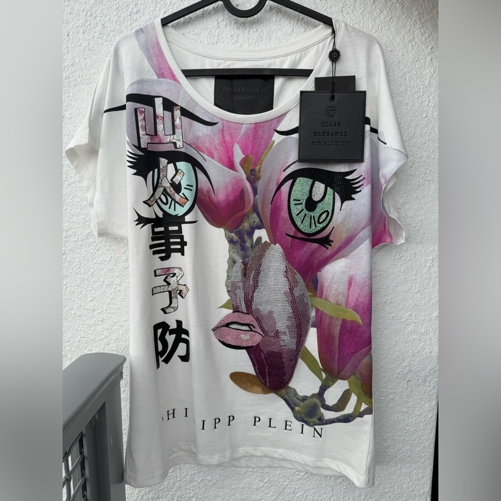 New Women Philipp Plein Hieroglyphs Flower Crew Neck Tee T-shirt Top Bling White